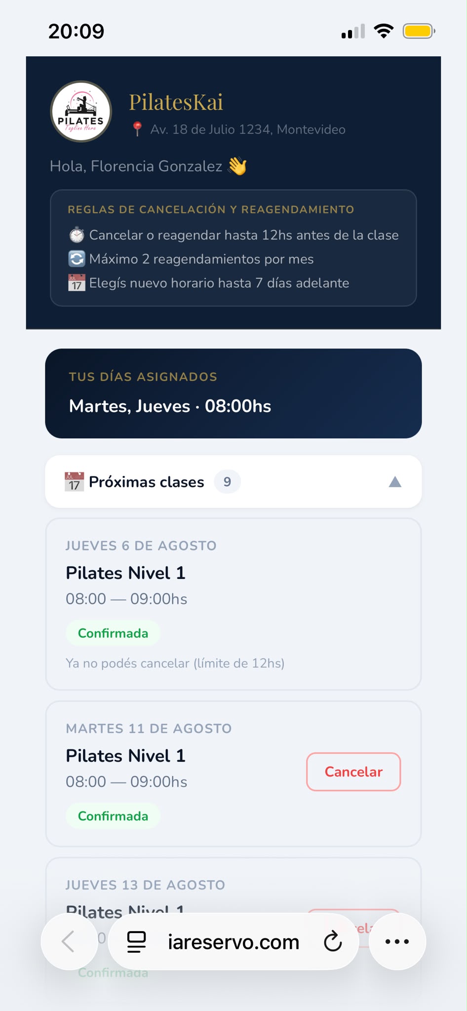 Vista del alumno — horarios fijos